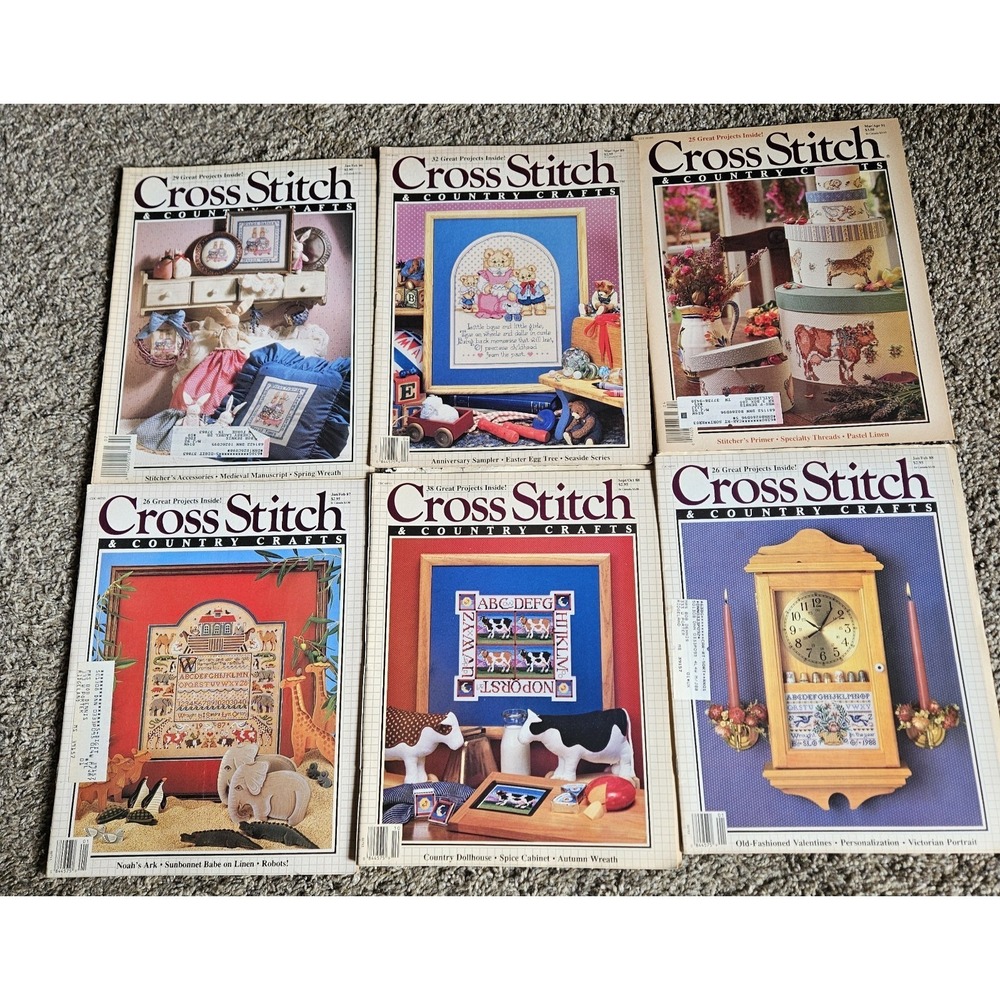 Lot of 6 Cross Stitch & Country Crafts Magazines 1987-1990 Vintage Patterns